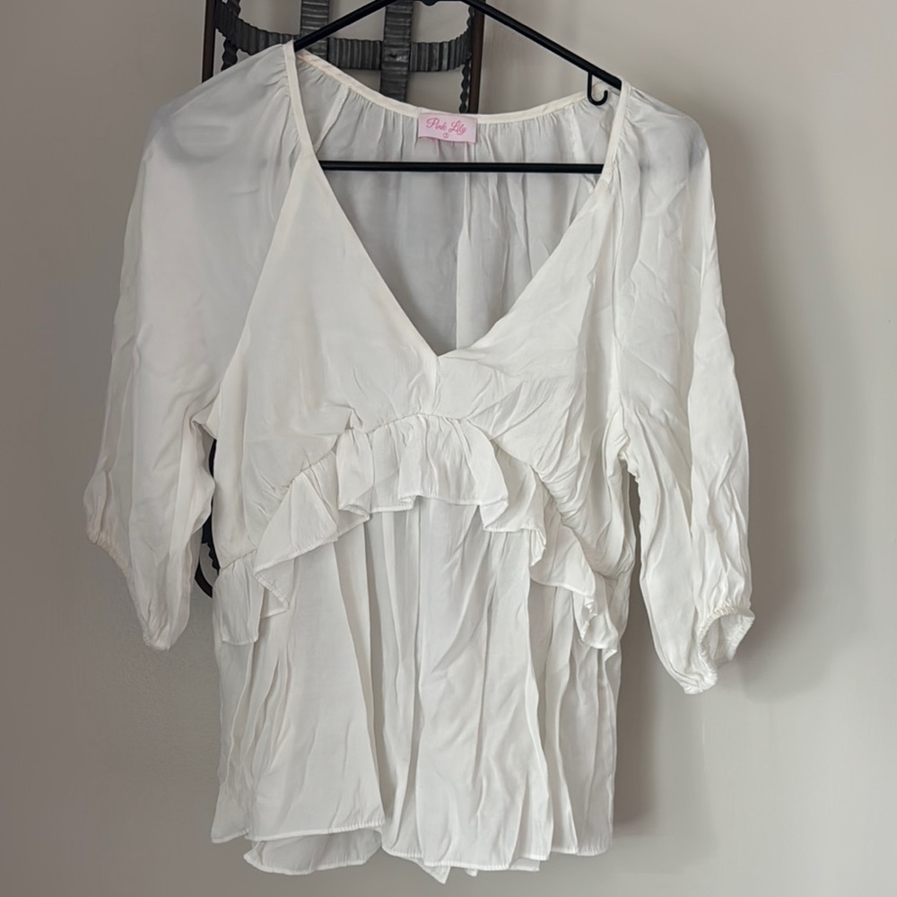 Pink Lily White Flutter Sleeve Blouse with Ruffled Tie Front